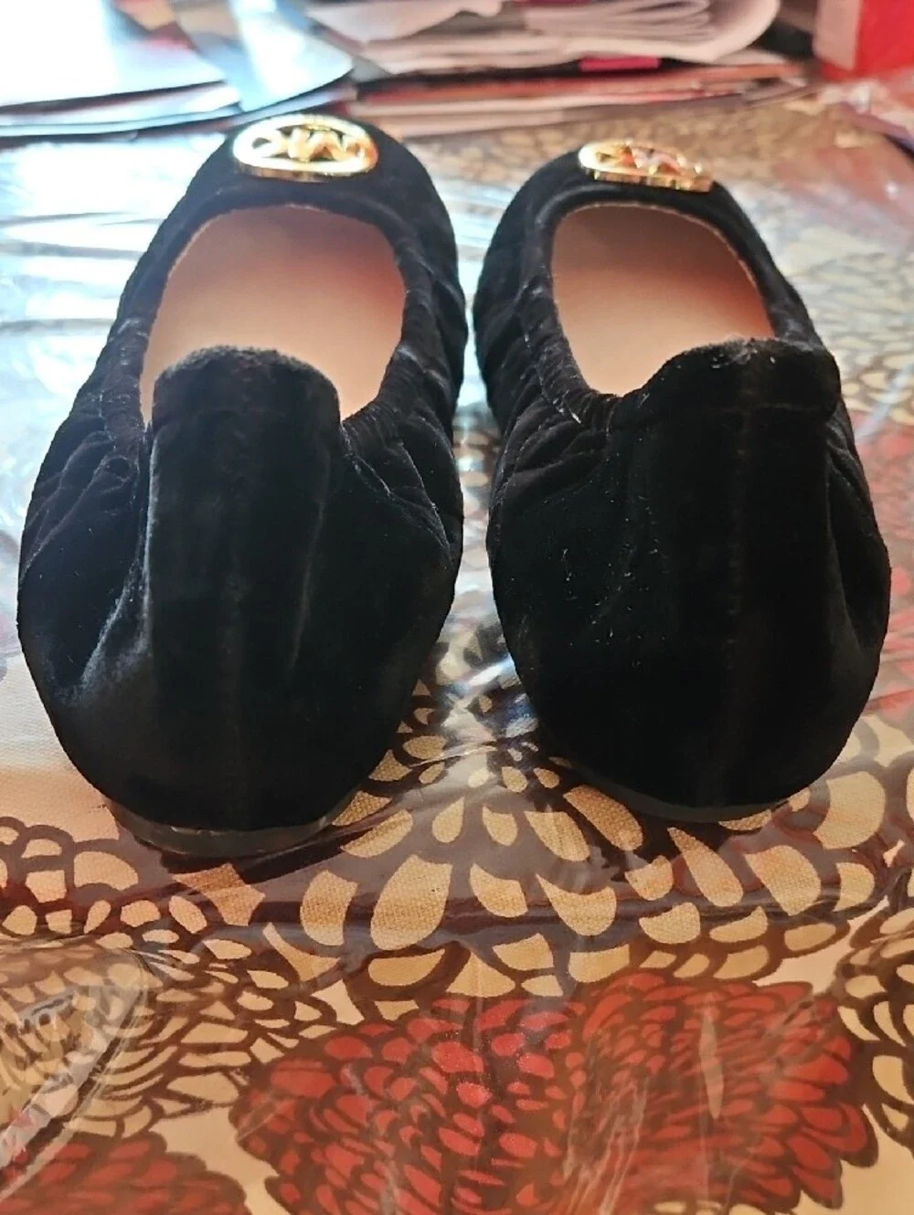 MICHAEL KORS Black Velvet Quilted Ballet Flats with Gold MK Medallion